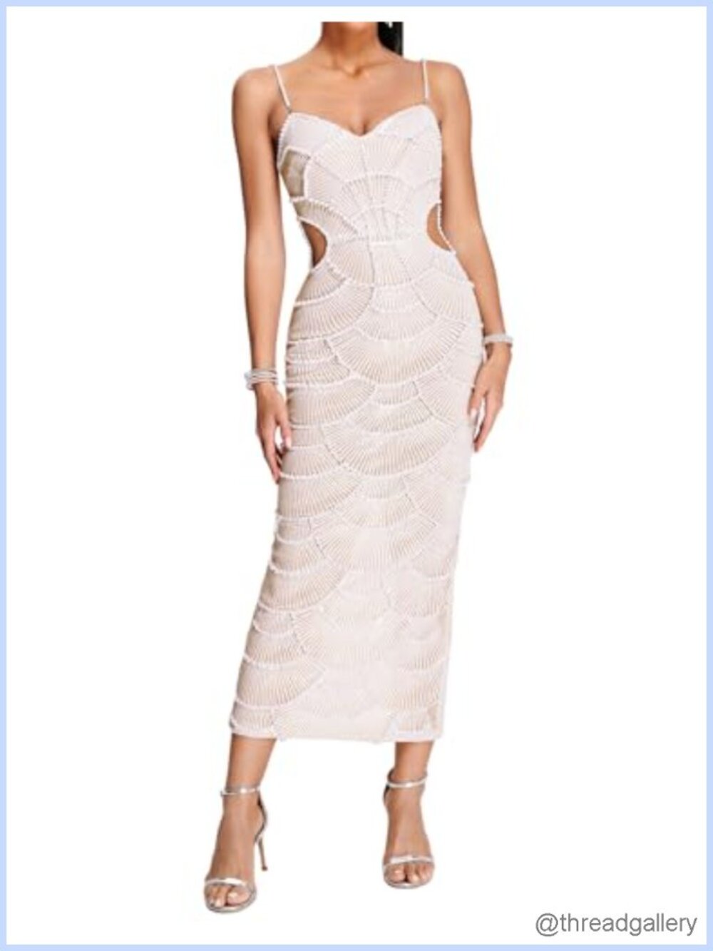 Pearl Sequin Midi Dress Spaghetti Strap Backless Bodycon Cocktail Party